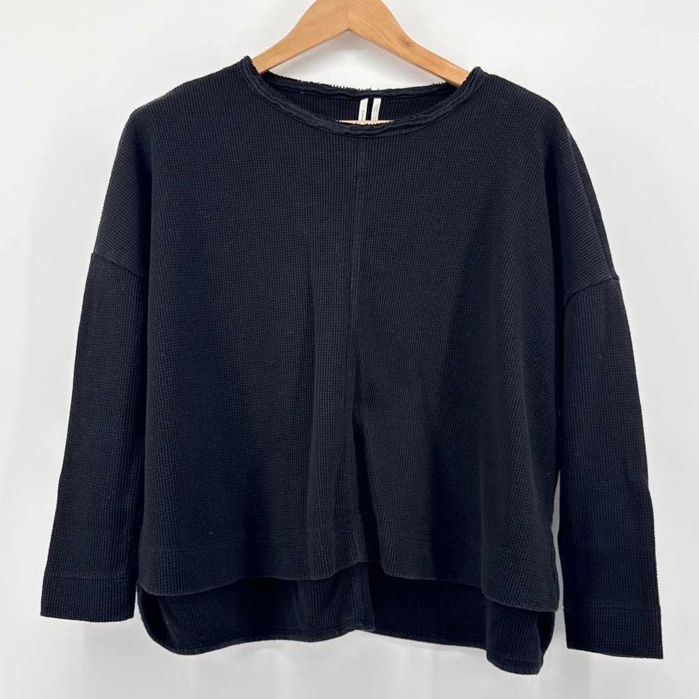 Anthropologie Black Oversized Waffle‎ Knit Crew Neck Long Sleeve Top Size XS